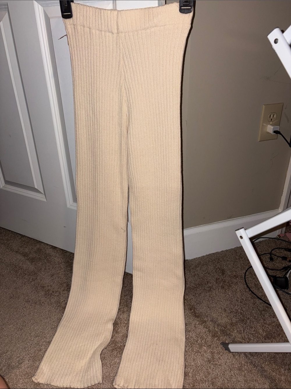 Beige Ribbed Knit Flared Pants - Women's